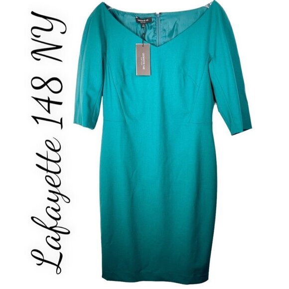 NWT LAFAYETTE 148 NEW YORK Alexia Teal Green Wool Sheath Dress, Size 2 - Picture 2 of 9